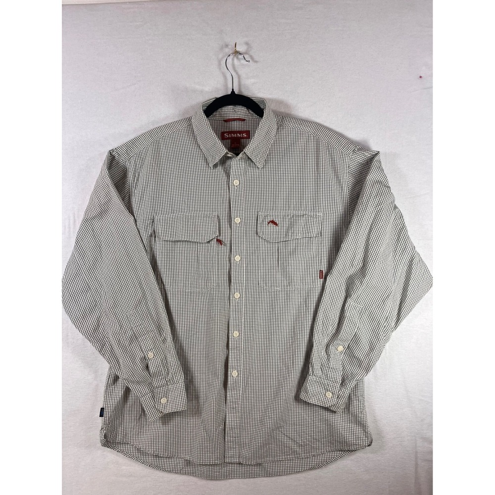 SIMMS Fishing Shirt Men's Large Check Plaid Button Front Long Sleeve Cotton